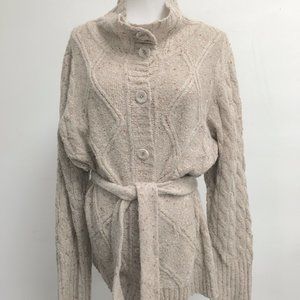 St John cashmere camel cardigan cable tweed belted sweater L